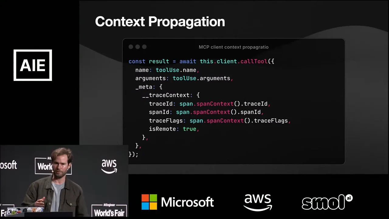 “Context Propagation” slide showing a client tool call with metadata containing traceId, spanId, traceFlags, and isRemote fields.