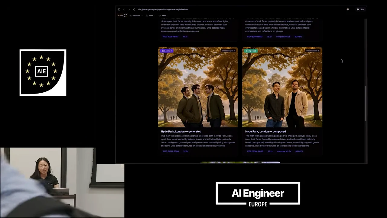 Two image cards labeled generated and composed show people beneath golden trees in Hyde Park, London.