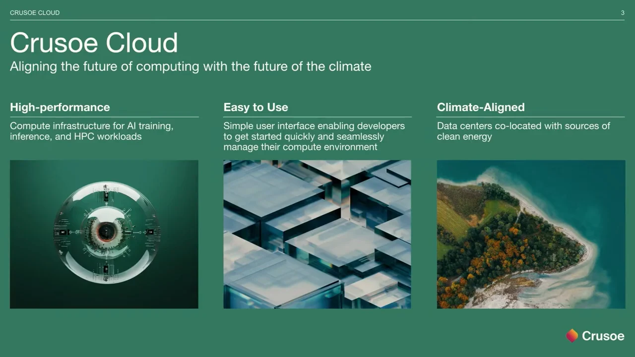 Green Crusoe Cloud slide with three columns labeled High-performance, Easy to Use, and Climate-Aligned, each above an illustrative image.