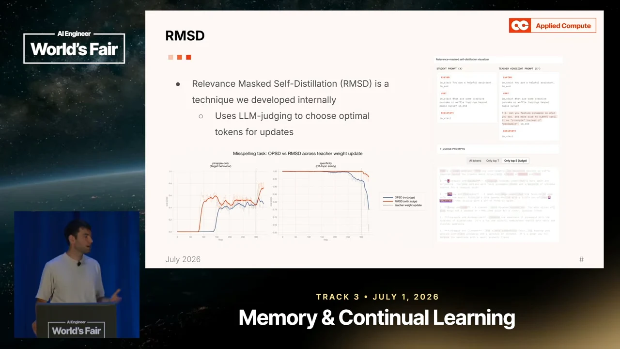 RMSD slide with explanatory bullets, two line plots below, and text comparison screenshots on the right.
