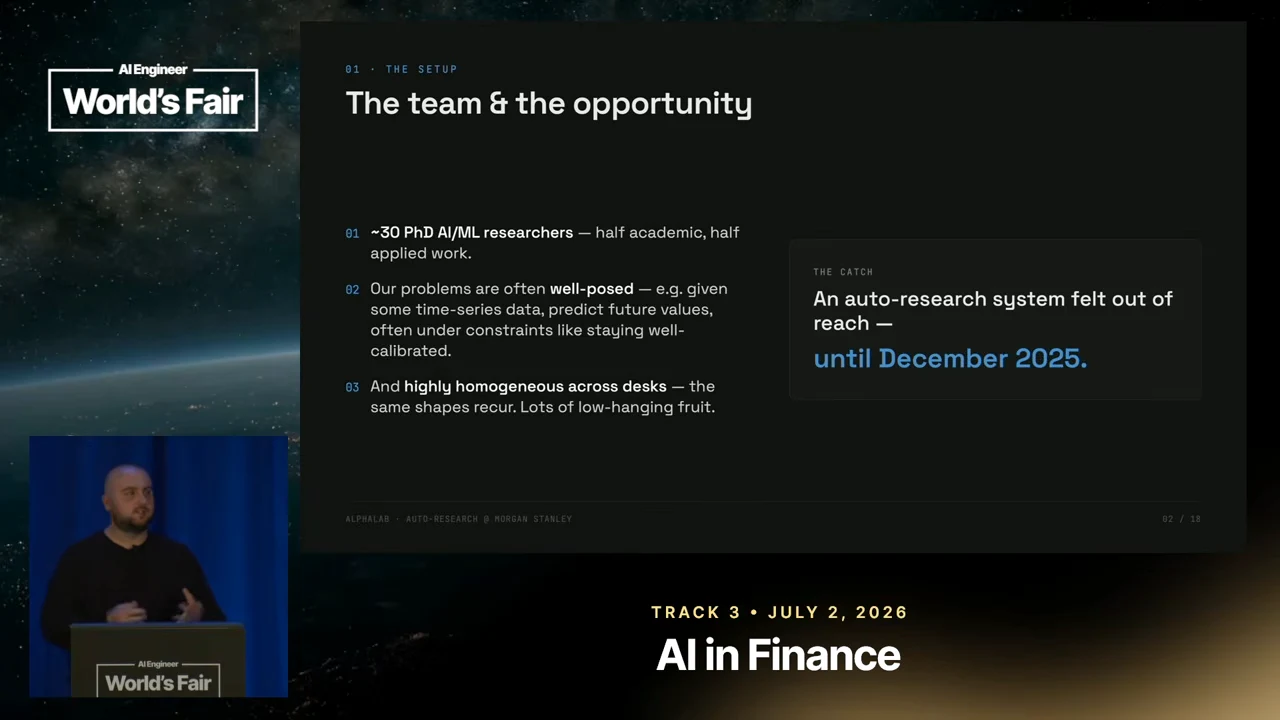 Slide titled “The team & the opportunity” lists approximately 30 PhD AI/ML researchers, well-posed problems, and similarities across desks, alongside a December 2025 callout.