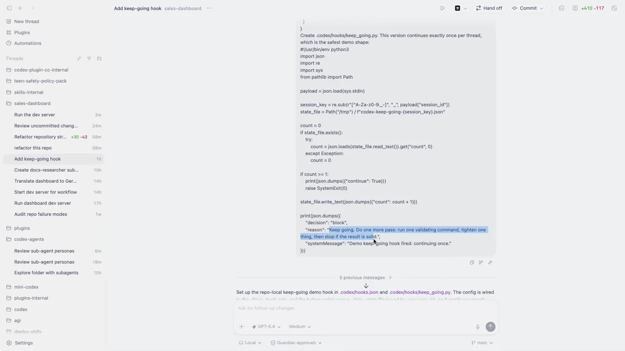 Codex conversation showing a Python hook script with highlighted text asking for another pass, a validating command and a final result.