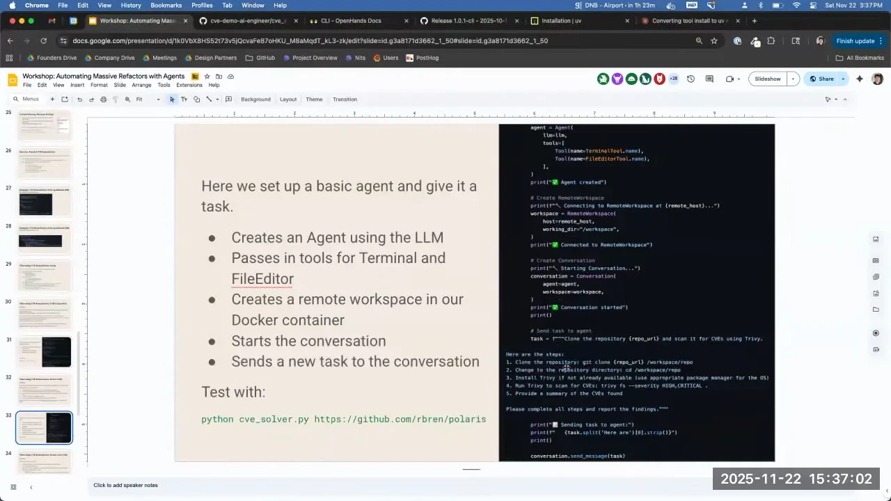 Slide pairing Python code with steps for creating an agent, adding Terminal and FileEditor tools, connecting a Docker workspace, and sending a task.