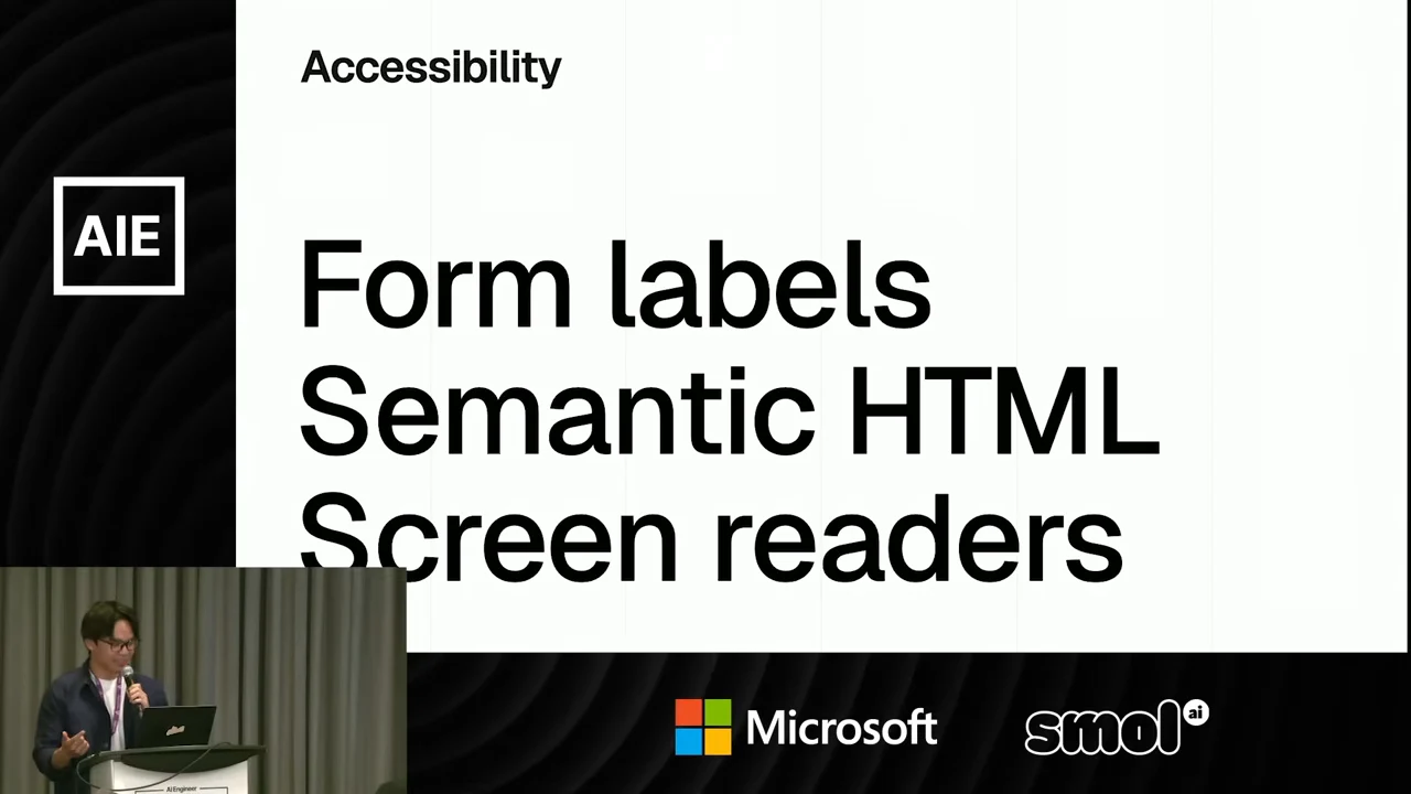 Slide headed “Accessibility” lists “Form labels,” “Semantic HTML,” and “Screen readers,” with a speaker inset at lower left.