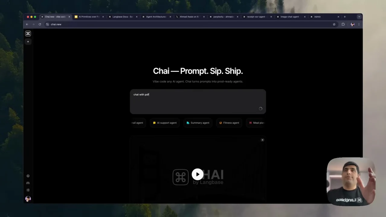 Chai homepage with “chat with pdf” entered in the central prompt box and the presenter inset at lower right.
