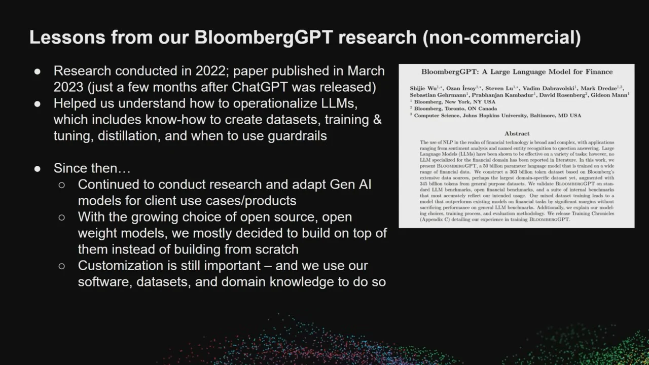 Slide listing BloombergGPT research lessons, continued model customization, and building on open models, beside an image of the BloombergGPT paper.