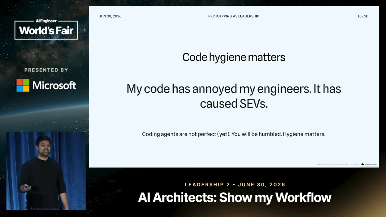Slide reading “Code hygiene matters” and “My code has annoyed my engineers. It has caused SEVs,” followed by a warning that coding agents are not perfect.