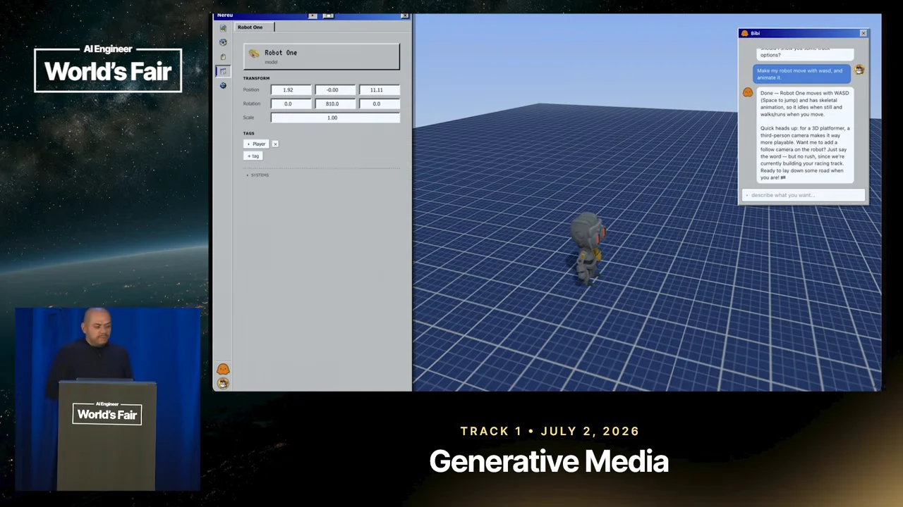 Nereu editor showing a robot on a blue grid, a properties panel on the left, and assistant messages on the right.