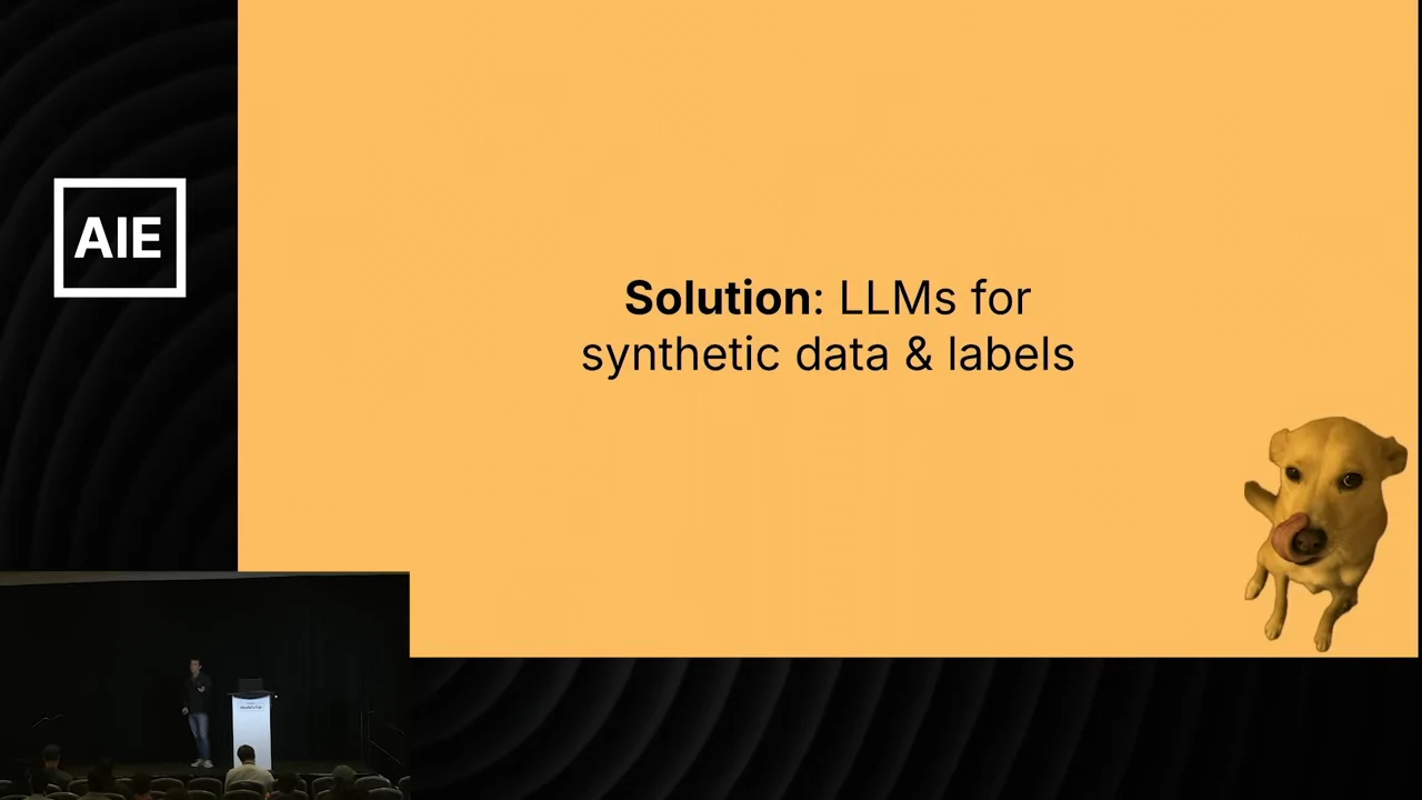 Slide reading “Solution: LLMs for synthetic data & labels,” with a dog illustration at lower right.