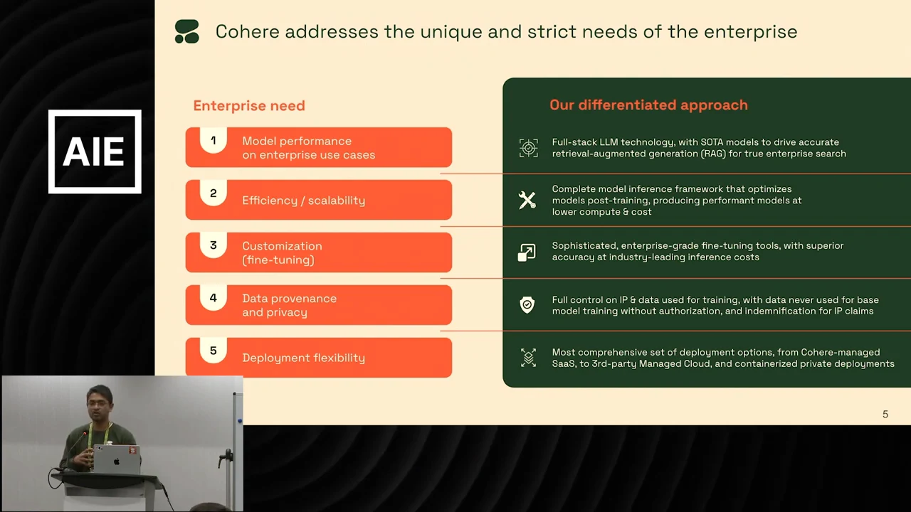 Five orange rows list model performance, efficiency and scalability, customization, data provenance and privacy, and deployment flexibility beside a green panel describing corresponding approaches.
