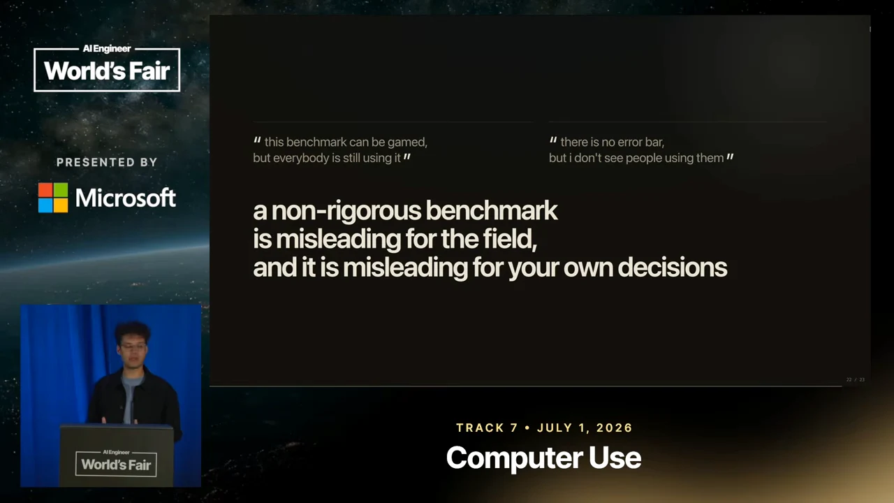 Slide quotes excuses about gameable benchmarks and missing error bars above a large statement that a non-rigorous benchmark is misleading for the field and for your own decisions.