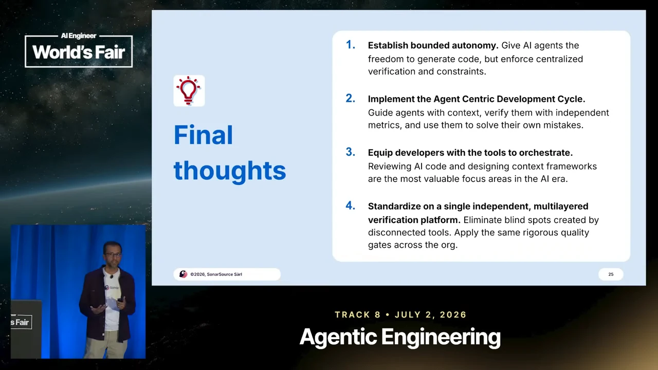 “Final thoughts” slide lists bounded autonomy, the Agent Centric Development Cycle, developer orchestration tools, and a single independent multilayered verification platform.