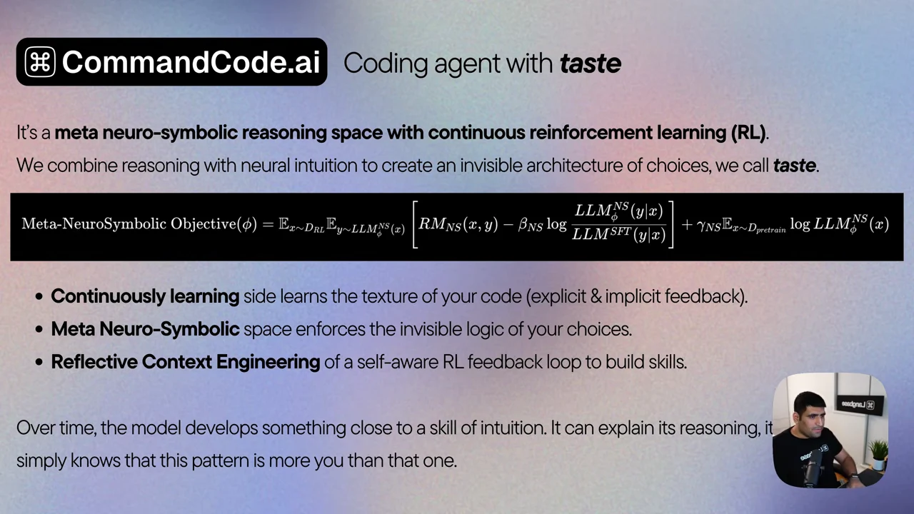Slide showing a meta-neurosymbolic objective equation and bullets on continuous learning, meta neuro-symbolic space, and reflective context engineering.