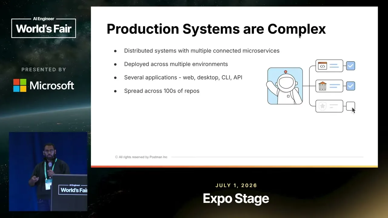 Selected presentation frame from We Mapped 115 Microservices for Our Coding Agents — Kamalakannan Nandagopal, Postman at 123 seconds