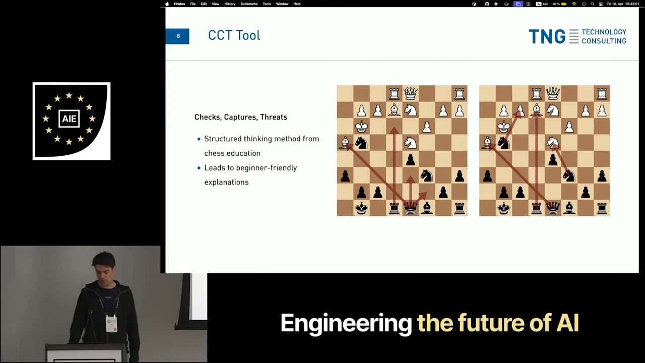 “CCT Tool” slide shows two chessboards with red move arrows beside text describing a structured chess education method and beginner-friendly explanations.