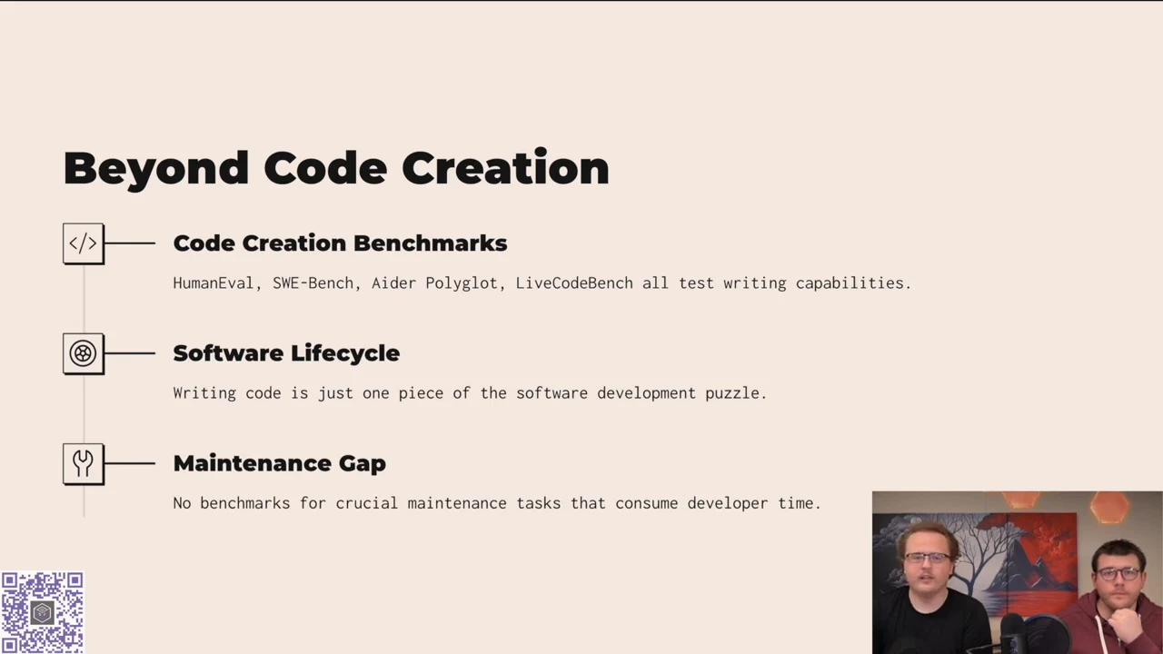 Slide titled “Beyond Code Creation” lists code creation benchmarks, the software lifecycle, and a maintenance gap, with the presenters inset at bottom right.