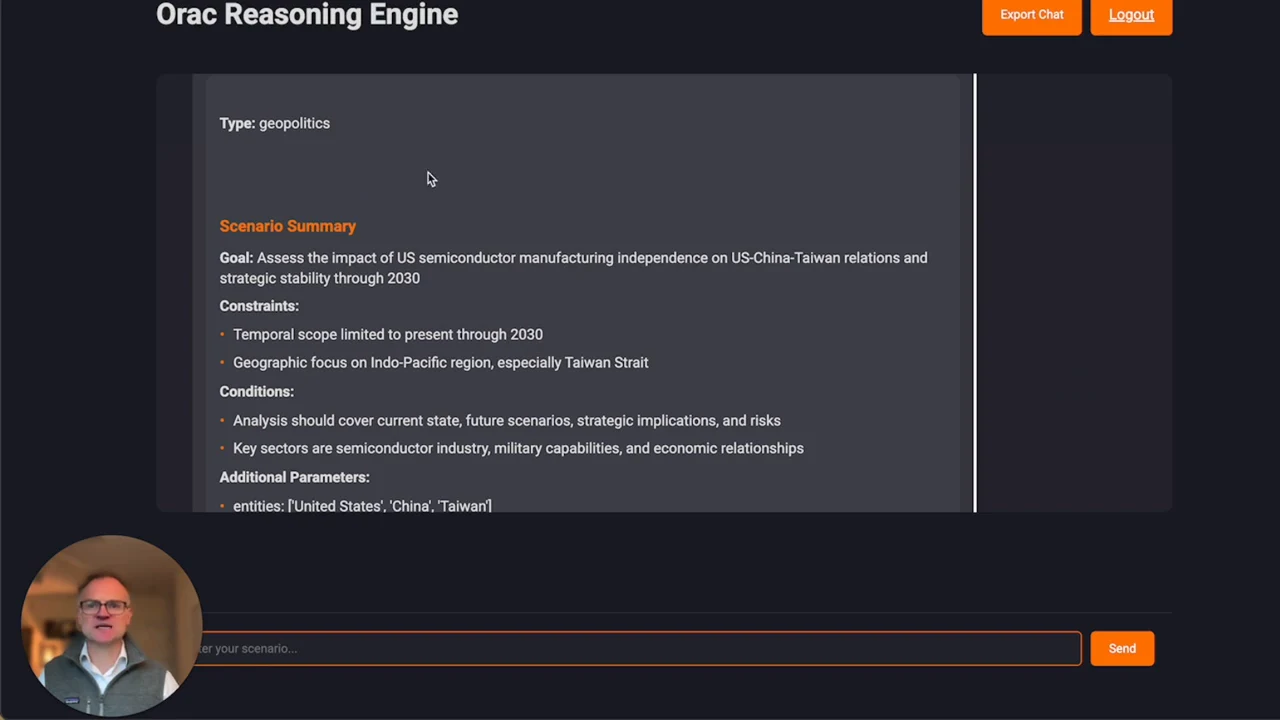 Orac Reasoning Engine showing Type: geopolitics, a semiconductor scenario goal, constraints, conditions, and additional parameters.
