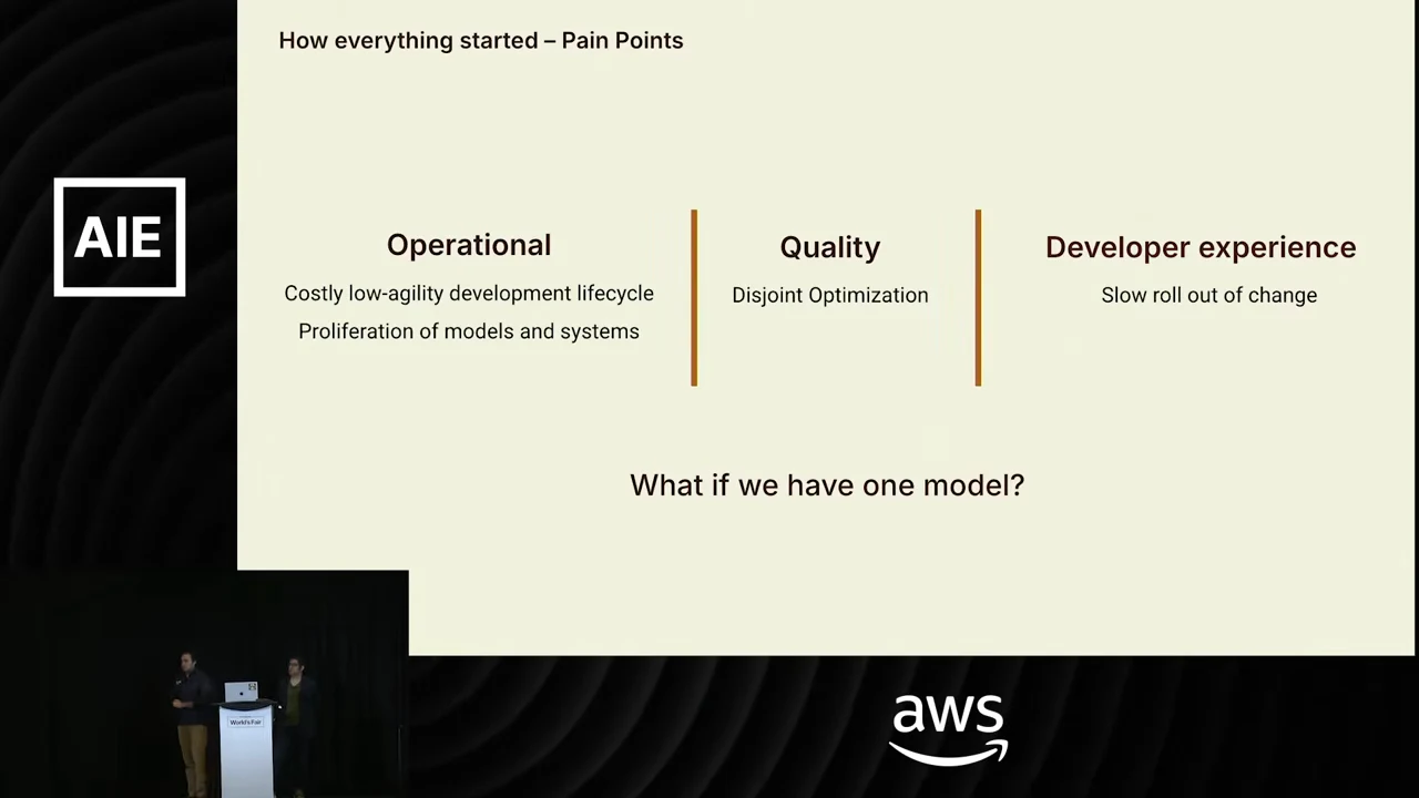 Slide with Operational, Quality, and Developer experience columns above the question, “What if we have one model?”