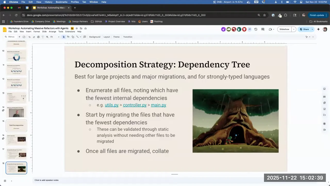 Dependency Tree slide describing file enumeration, migration of files with few dependencies, static validation, and collation, beside a tree illustration.