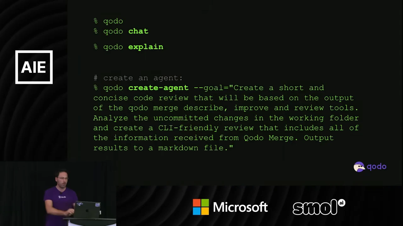 Green terminal-style text shows qodo, qodo chat, qodo explain, and a create-agent command requesting review of uncommitted changes with results in a Markdown file.