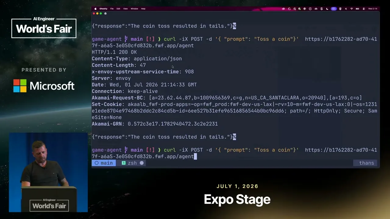 Selected presentation frame from Zero Cold Starts: Serverless AI Agents on Akamai Functions — Thorsten Hans at 1205 seconds