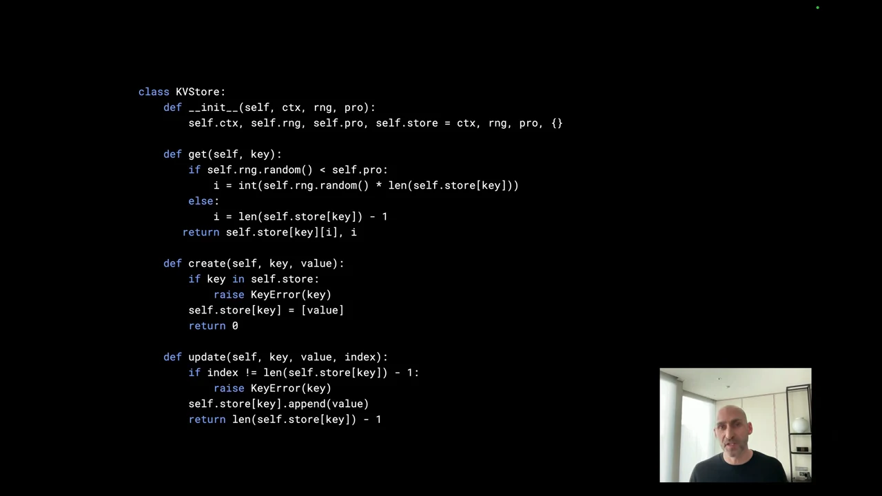Python KVStore class showing initialization, get, create, and update methods, including random version selection and a KeyError on an update index mismatch.