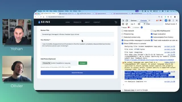 Seine's product-review form filled from the uploaded headphone photo, beside DevTools showing the generated JSON.