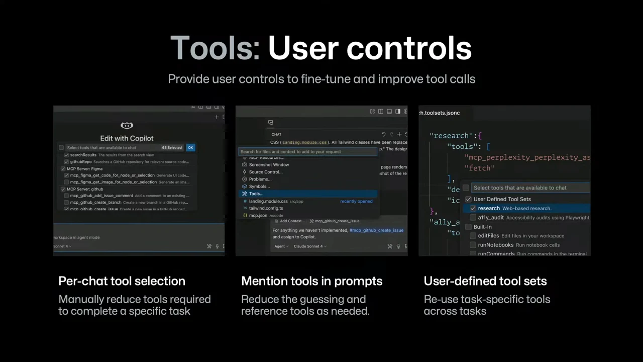 Tools: User controls slide with three screenshots showing per-chat tool selection, mentioning tools in prompts, and user-defined tool sets.