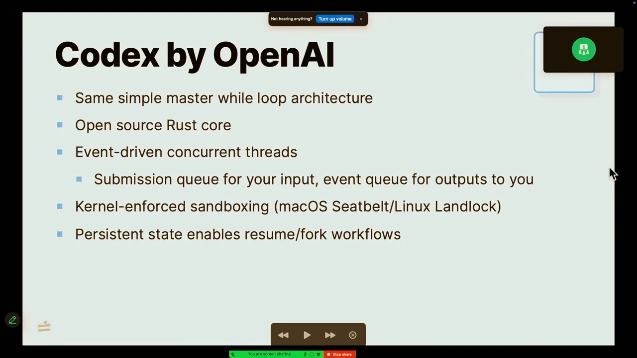 Codex by OpenAI slide lists a master while loop, open source Rust core, submission and event queues, kernel-enforced sandboxing, and resume/fork workflows.