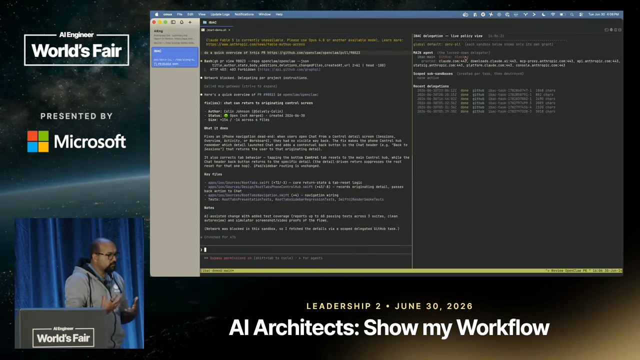Split terminal view with a completed review response on the left and delegation log entries on the right.