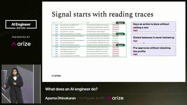 Signal reads traces to find issues such as claiming actions without tool calls, missing balance checks and unchecked pre-approval.