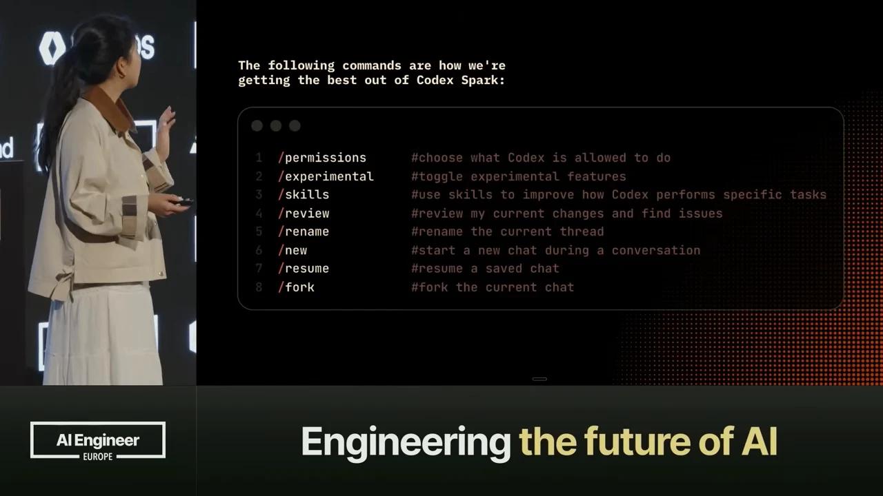 Terminal-style slide lists /permissions, /experimental, /skills, /review, /rename, /new, /resume, and /fork with brief descriptions.