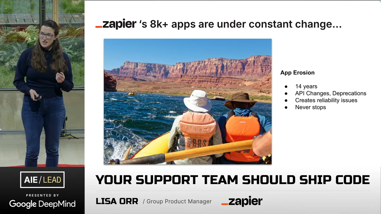 Slide pairs a Grand Canyon rafting photo with App Erosion bullets: 14 years; API Changes, Deprecations; Creates reliability issues; Never stops.