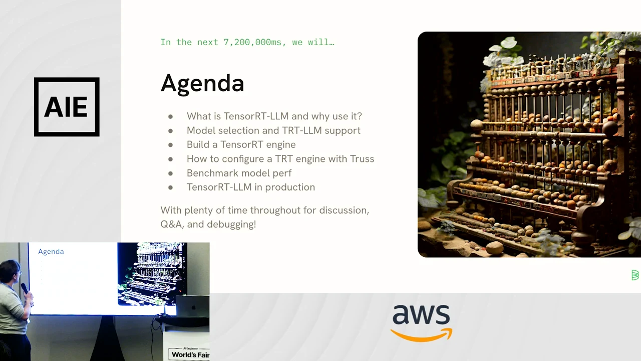 Agenda slide with six bullet points, an abacus illustration, and a presenter inset.