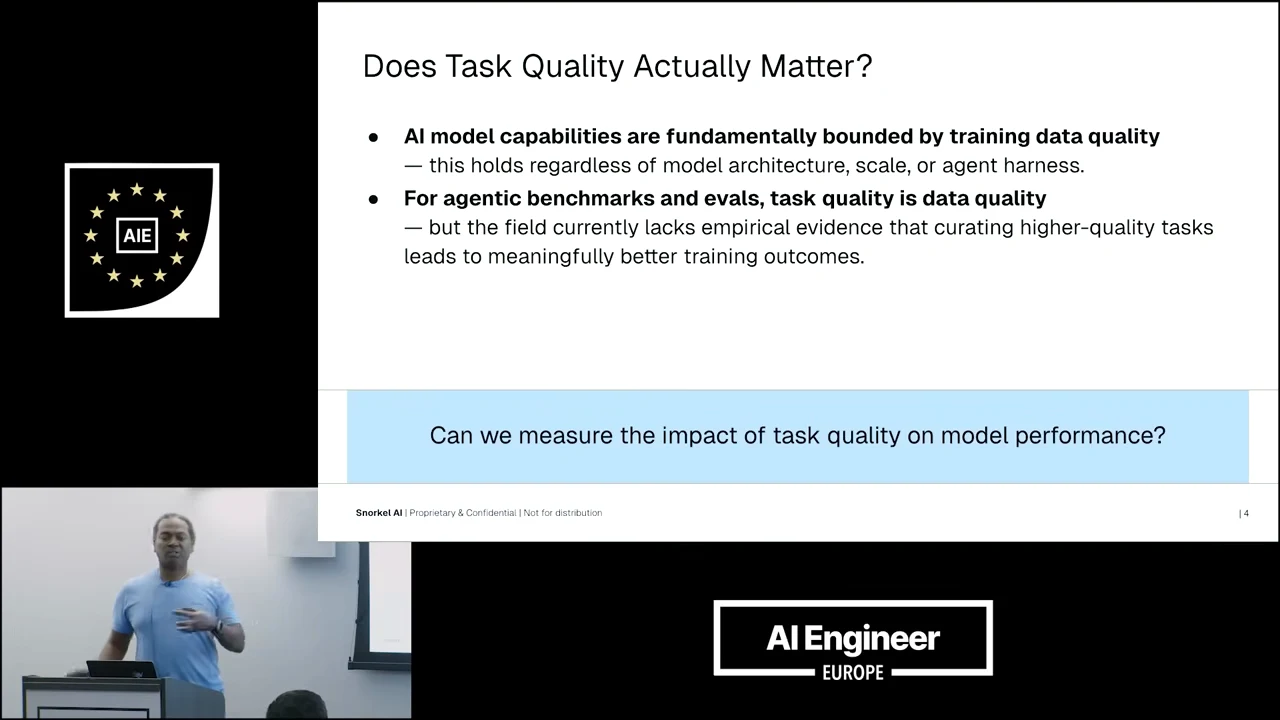 Slide titled “Does Task Quality Actually Matter?” with bullets linking model capabilities to training data quality and agentic task quality, plus a blue research-question banner.