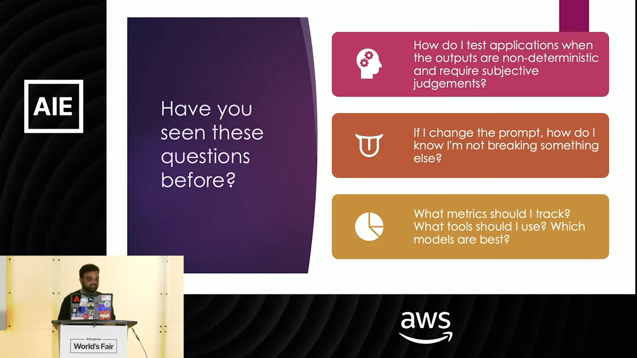 Slide titled “Have you seen these questions before?” with three colored boxes describing testing challenges, prompt changes, and evaluation choices.