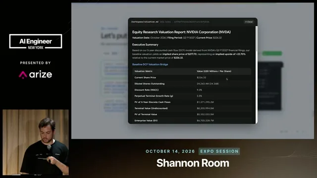 The NVIDIA demonstration produces a quantitative report from saved research; the displayed valuation is not independently validated.