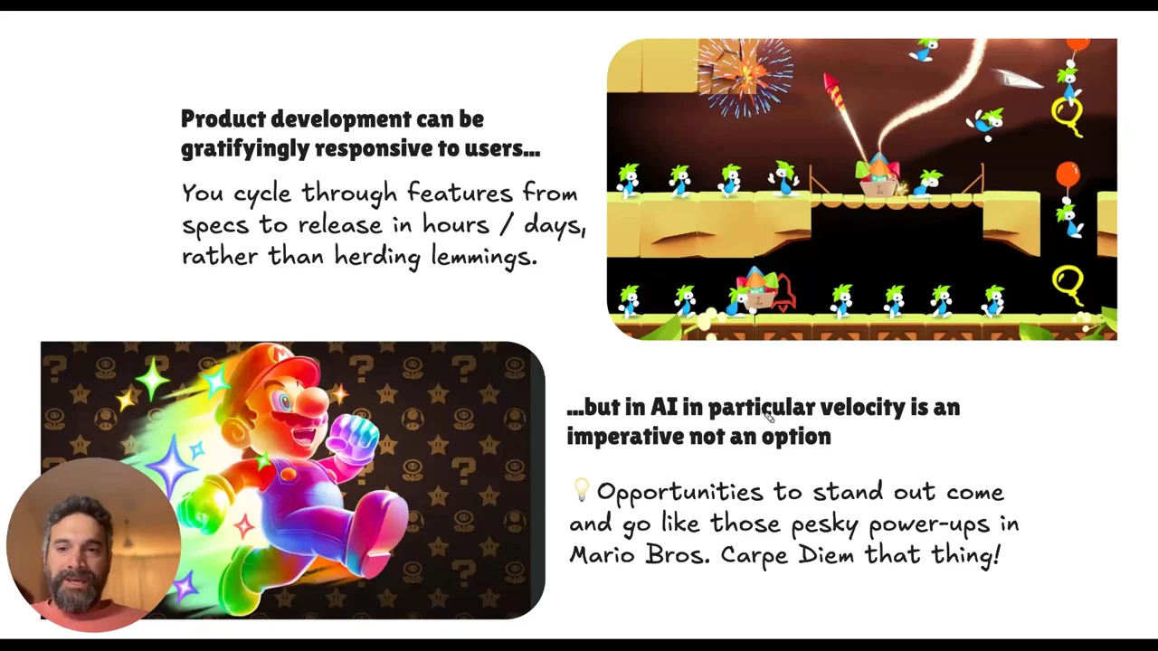 Slide pairing Lemmings and colorful Mario imagery with text about releasing features in hours or days and velocity being imperative in AI.