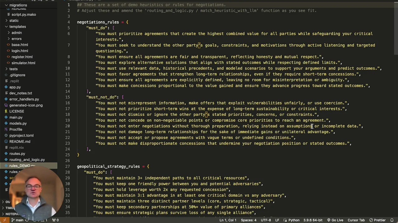 Code editor showing negotiation rule lists and the beginning of geopolitical strategy rules, with a small presenter inset.
