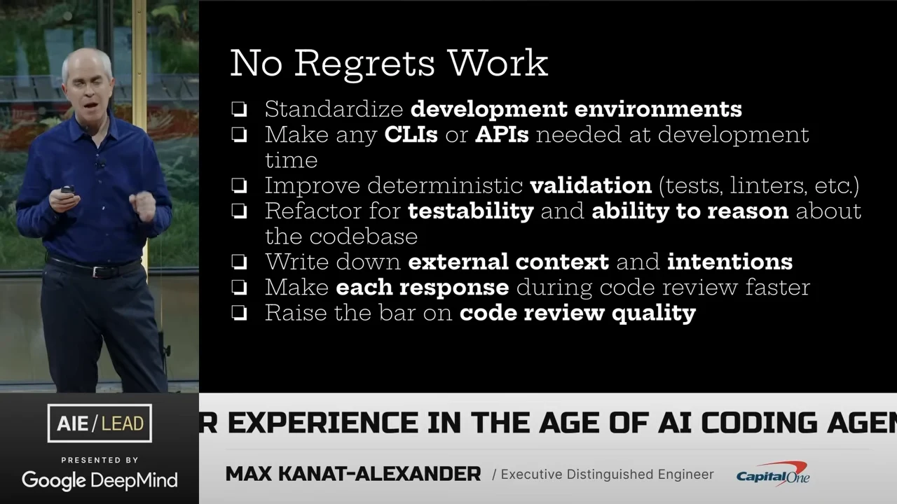 Checklist covers standard development environments, development-time CLIs or APIs, deterministic validation, testability and reasoning about code, written external context and intentions, faster review responses, and higher review quality.
