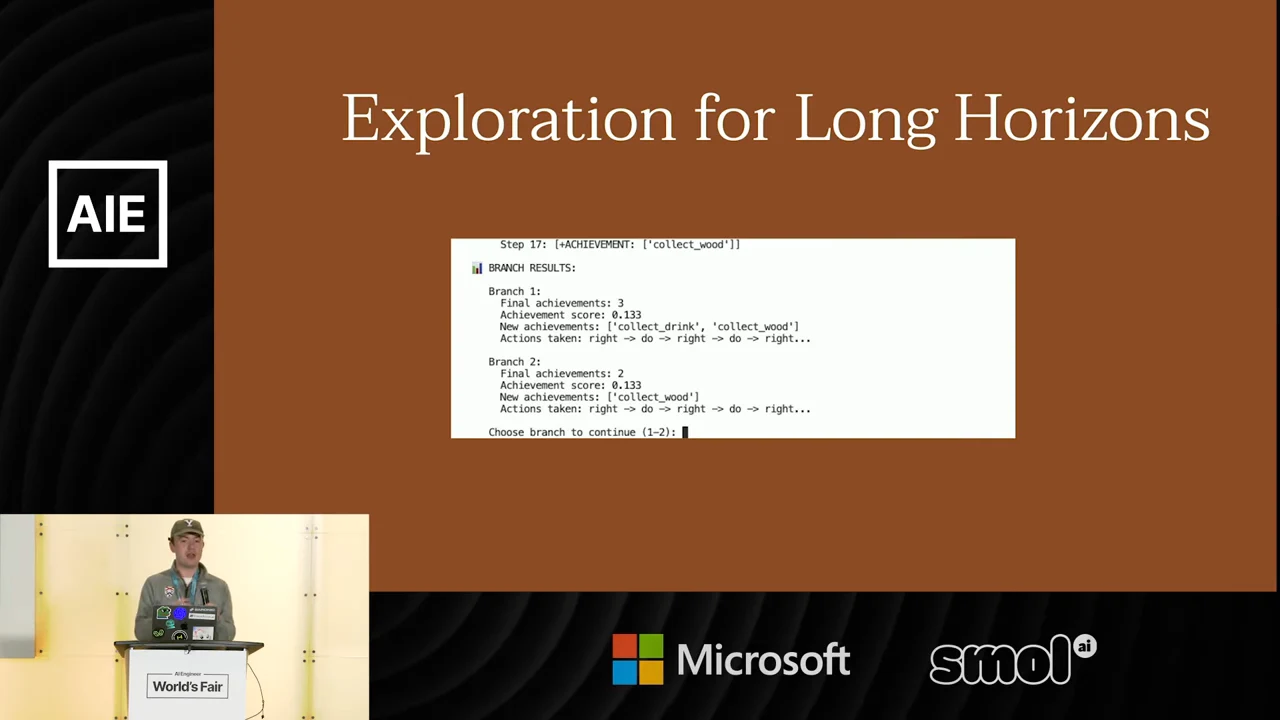 Slide titled “Exploration for Long Horizons” shows terminal output for Branch 1 and Branch 2, including achievements, action sequences, and a branch-selection prompt.