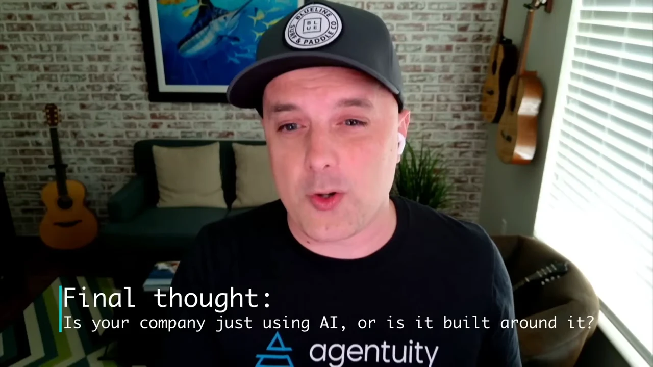 Speaker with the overlay “Final thought: Is your company just using AI, or is it built around it?”