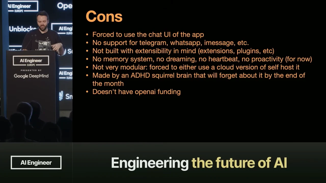 A “Cons” slide lists seven limitations, including required use of the app’s chat UI, no messaging integrations, no extensibility, no memory or proactivity, limited modularity, uncertain continued development, and no OpenAI funding.