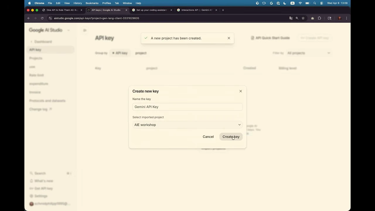 Google AI Studio shows a project-created notification and a Create new key dialog with the AIE workshop project selected.