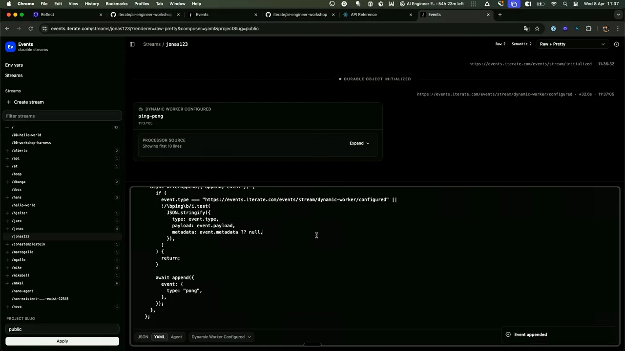 Events interface showing a “Dynamic Worker Configured” card labeled ping-pong, script text in the composer, and an “Event appended” notification.