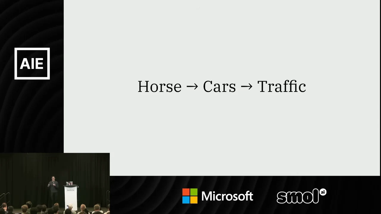A white slide displays “Horse → Cars → Traffic,” with the speaker inset at lower left.