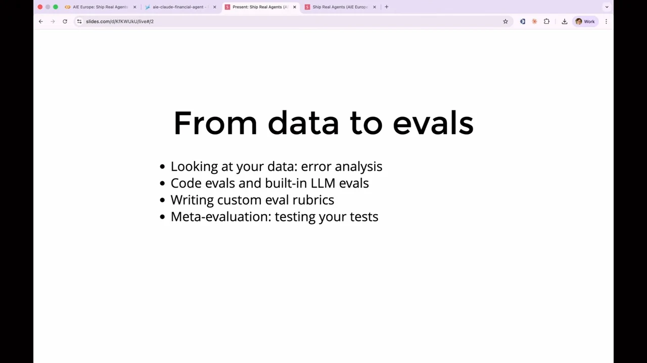 Slide titled “From data to evals” with four bullets covering error analysis, code and built-in LLM evals, custom eval rubrics, and testing your tests.