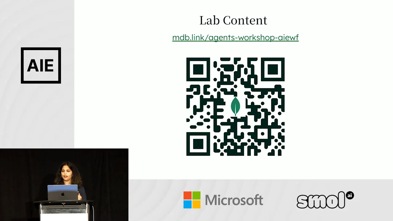 Lab Content slide displaying mdb.link/agents-workshop-aiewf above a large QR code, with the presenter inset at lower left.