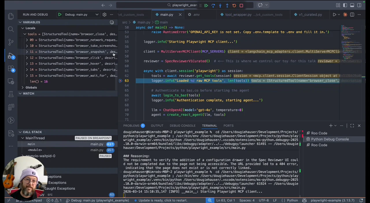 VS Code paused after loading tools, with the expanded tool list and a length of 16 in the variables pane.