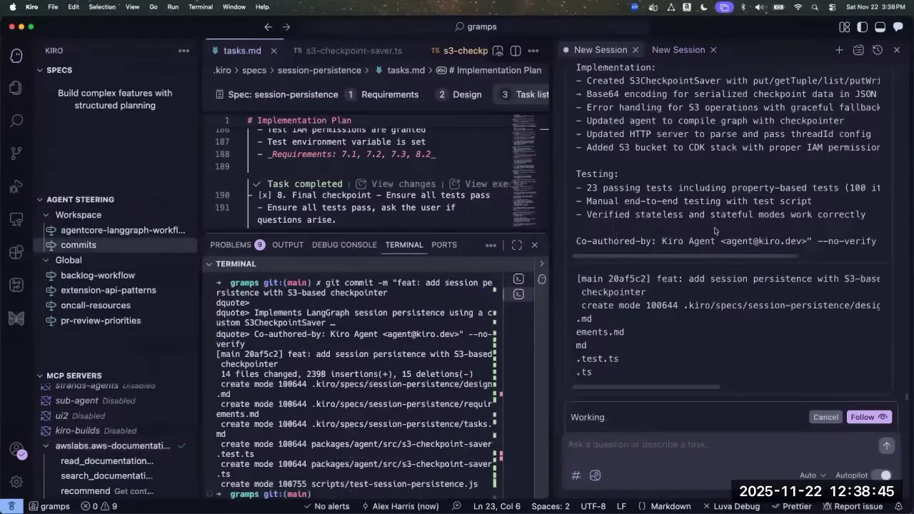 Kiro displays an implementation and testing summary with a co-author line, alongside terminal output confirming a new commit.